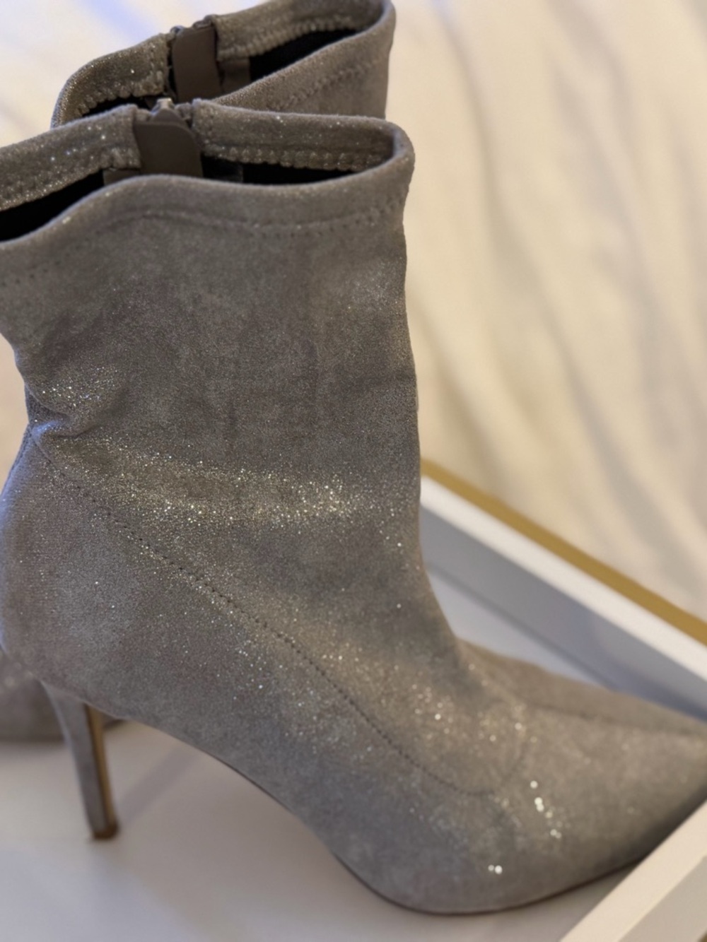 Women's Gray Glitter Sock Booties - Elegant High Heel Ankle Boots